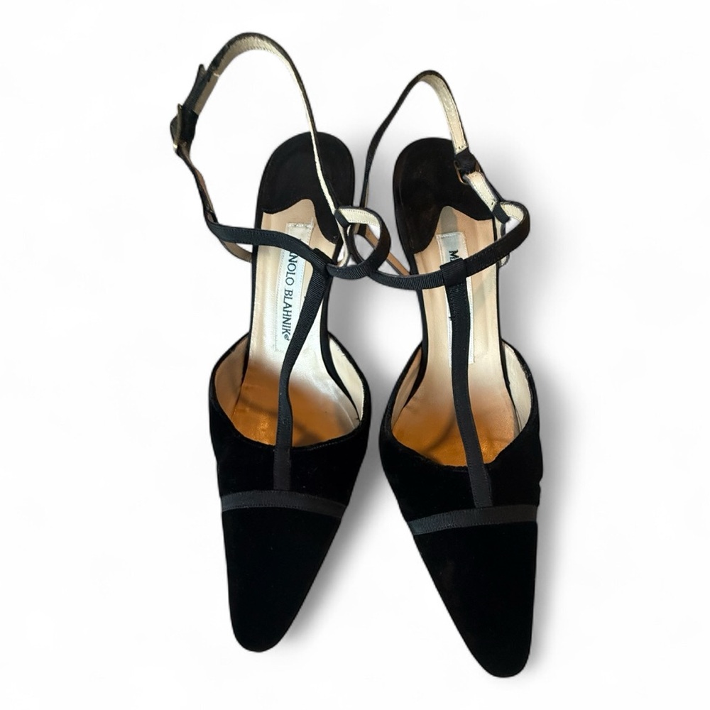 Manolo Blahnik TStrap black velvet heels w/ ankle strap 37
